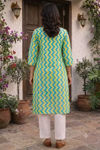 Saka Designs Aqua Blue & Light Green Printed Cotton Kurti