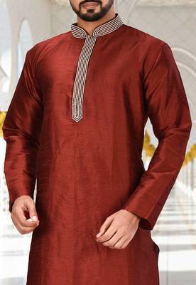 Red dupion art silk  kurta with handwork in collar and button line 2