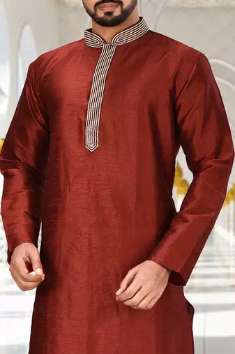 Red dupion art silk  kurta with handwork in collar and button line