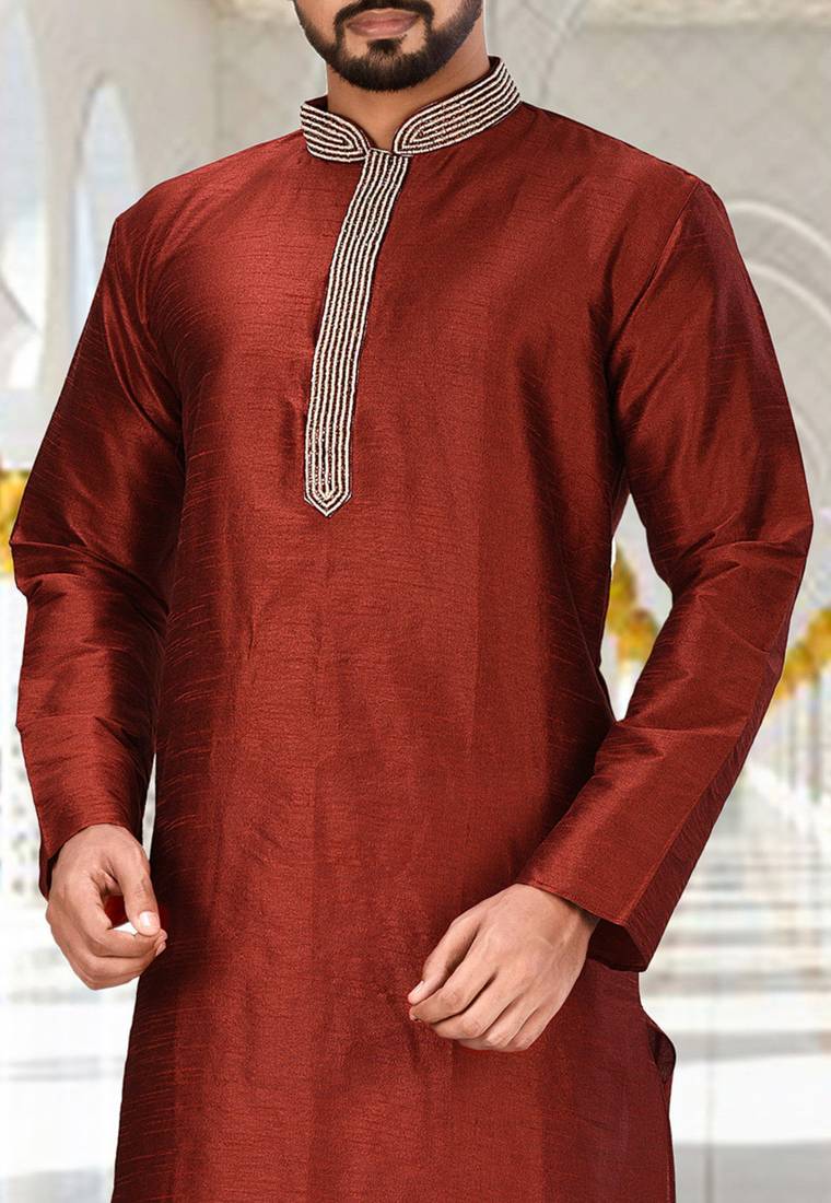 Red dupion art silk  kurta with handwork in collar and button line