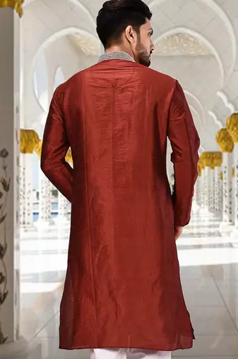 Red dupion art silk  kurta with handwork in collar and button line