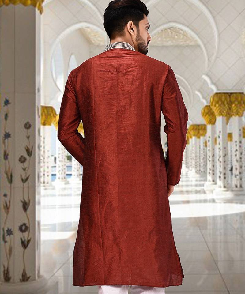 Red dupion art silk  kurta with handwork in collar and button line