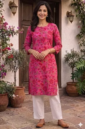 Pink printed cotton kurti