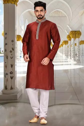 Red dupion art silk  kurta with handwork in collar and button line