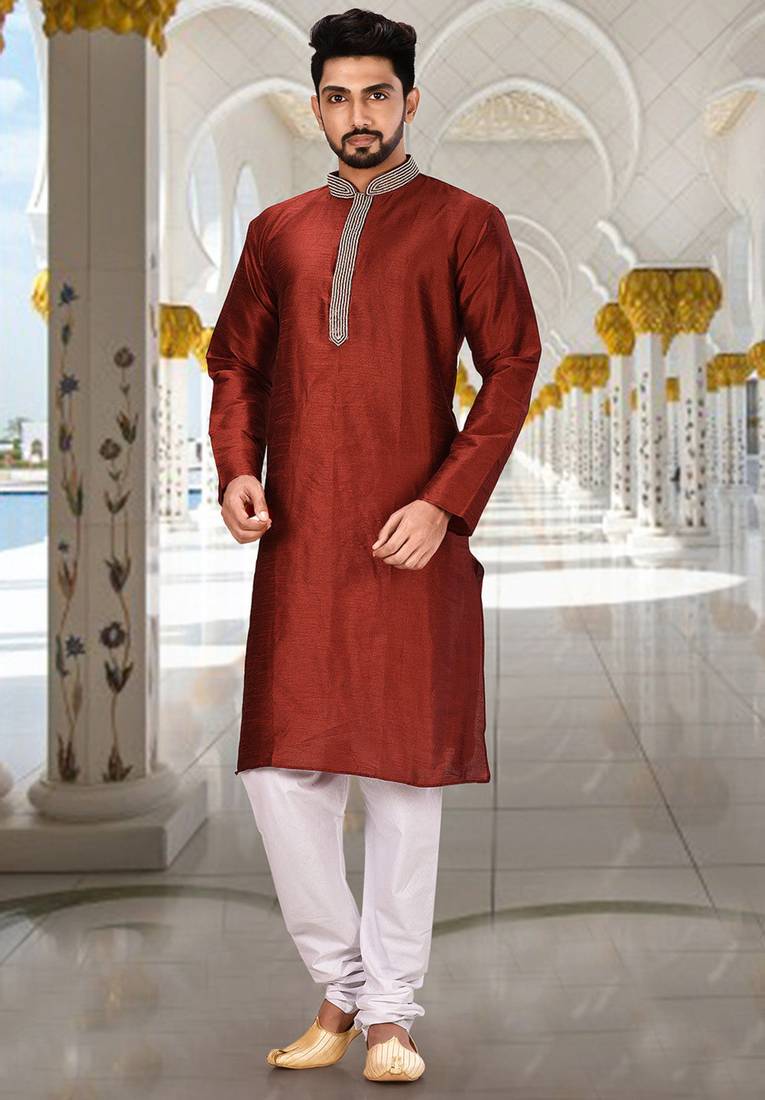 Red dupion art silk  kurta with handwork in collar and button line