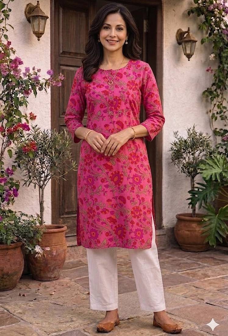 Pink printed cotton kurti
