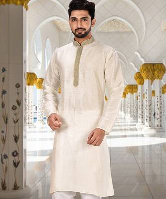 Cream dupion art silk  kurta with handwork in collar and button line 1