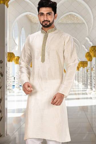 Cream dupion art silk  kurta with handwork in collar and button line