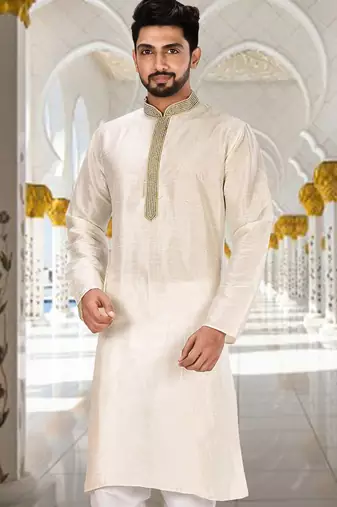 Cream dupion art silk  kurta with handwork in collar and button line