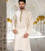 Cream dupion art silk  kurta with handwork in collar and button line
