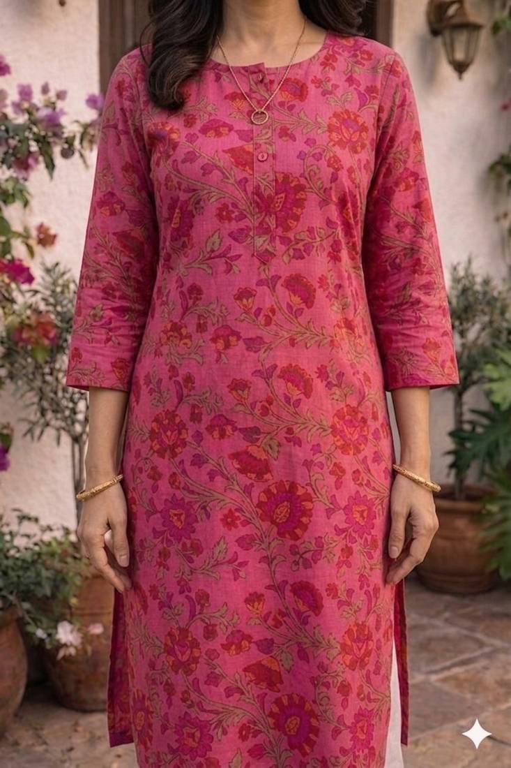 Pink printed cotton kurti