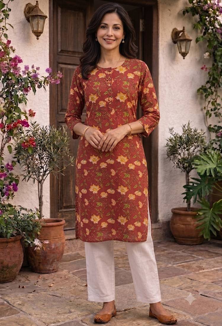 Red printed cotton kurti