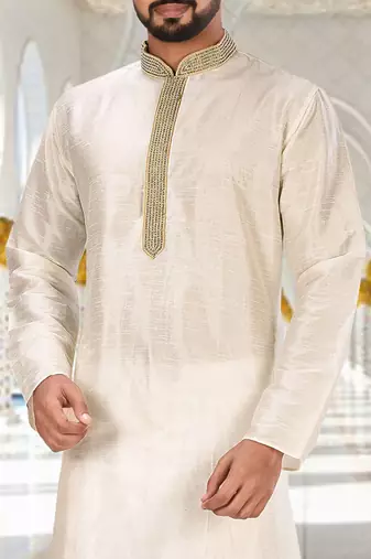 Cream dupion art silk  kurta with handwork in collar and button line