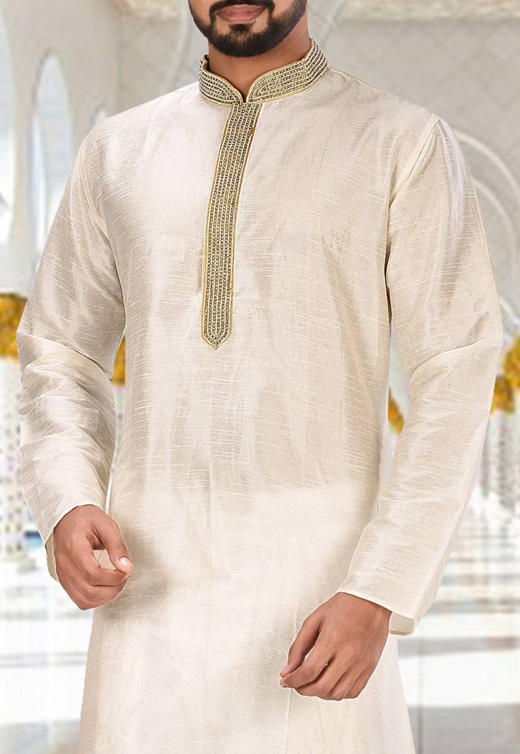 Cream dupion art silk  kurta with handwork in collar and button line