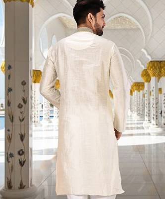 Cream dupion art silk  kurta with handwork in collar and button line 3
