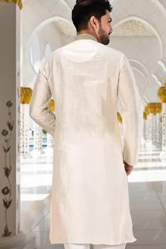 Cream dupion art silk  kurta with handwork in collar and button line