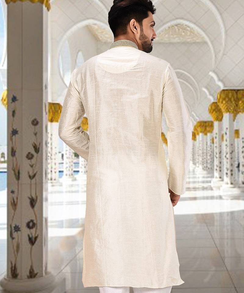 Cream dupion art silk  kurta with handwork in collar and button line