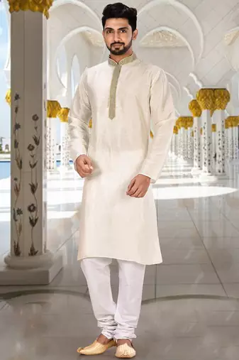 Cream dupion art silk  kurta with handwork in collar and button line
