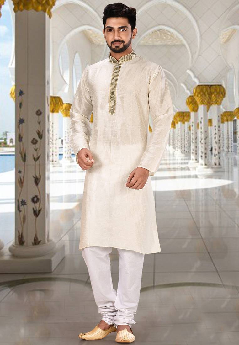 Cream dupion art silk  kurta with handwork in collar and button line