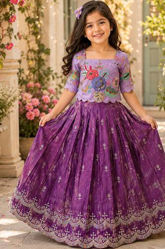 Kids girls festive wear position embroidered work lehenga choli set