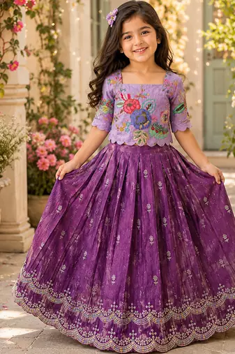 Kids girls festive wear position embroidered work lehenga choli set