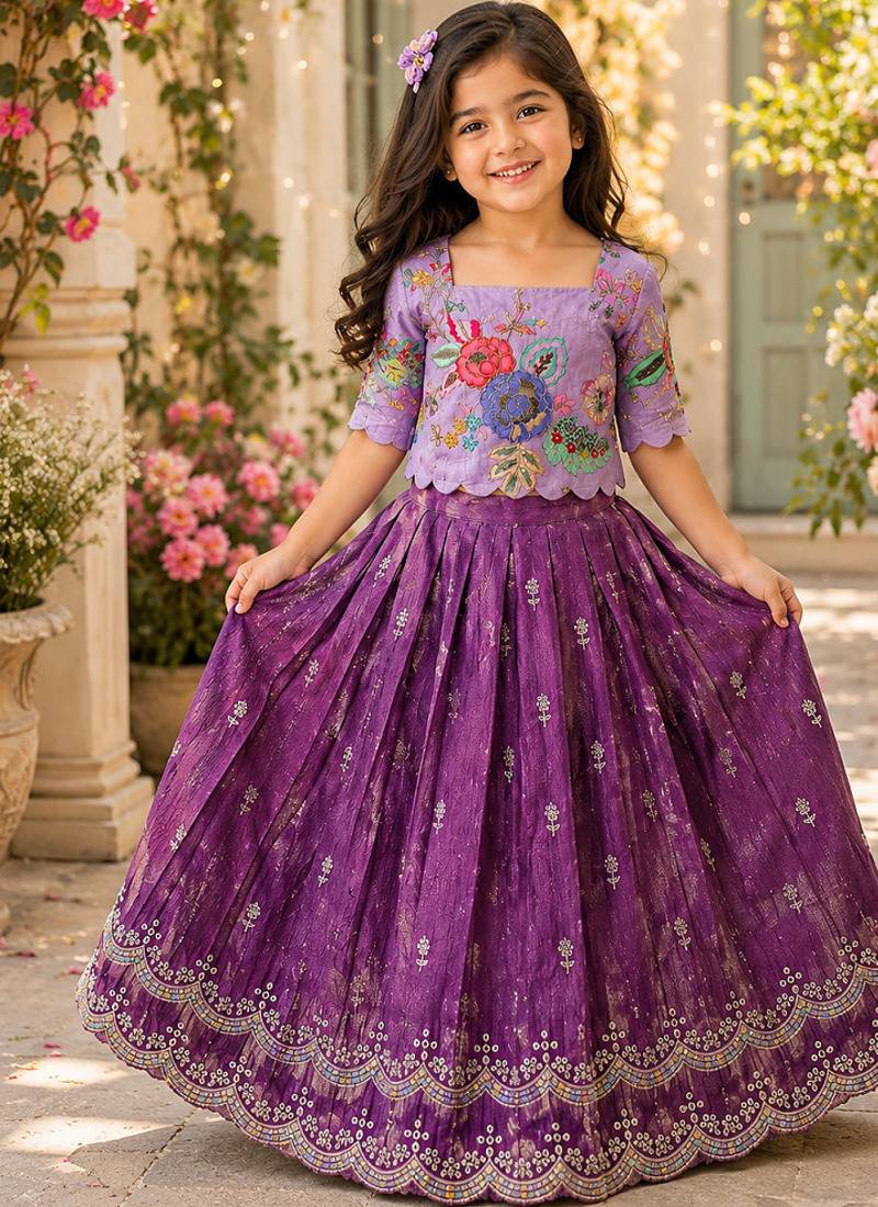 Kids girls festive wear position embroidered work lehenga choli set