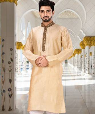 Fawn dupion art silk  kurta with handwork in collar and button line 1