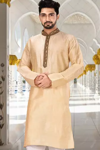 Fawn dupion art silk  kurta with handwork in collar and button line