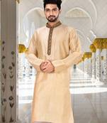 Fawn dupion art silk  kurta with handwork in collar and button line