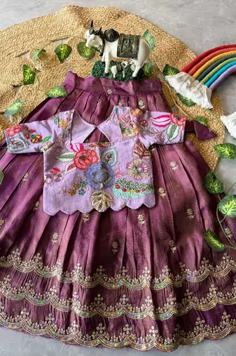 Kids girls festive wear position embroidered work lehenga choli set