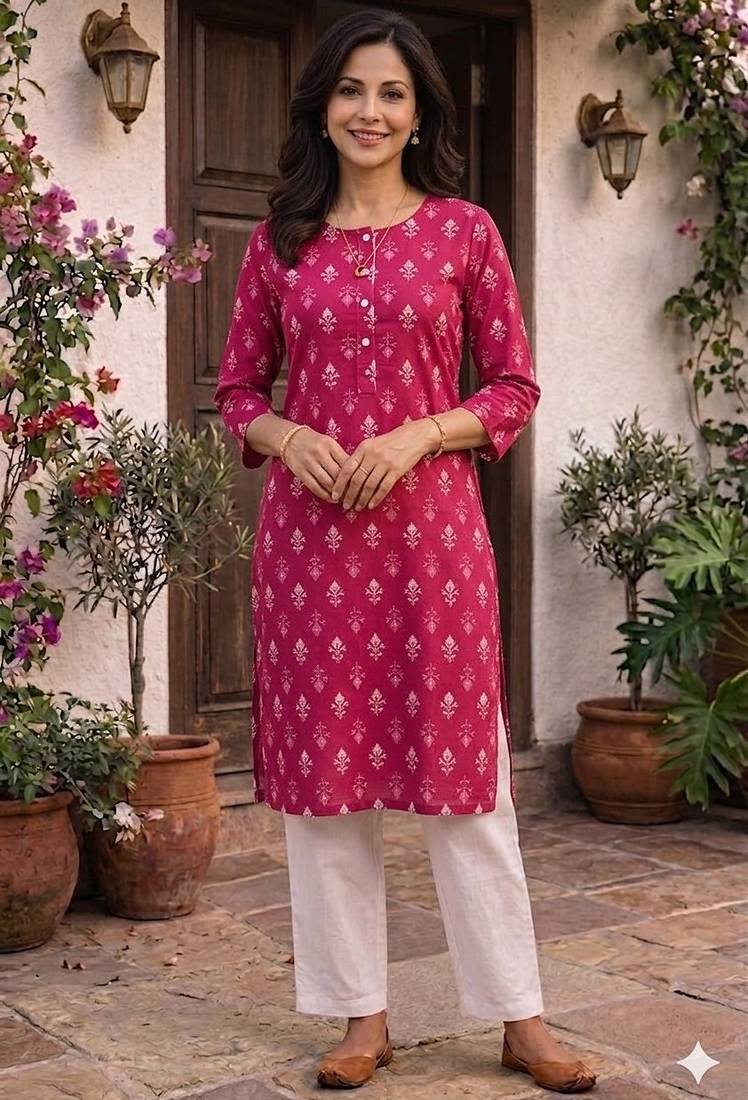 Dark pink printed cotton kurti