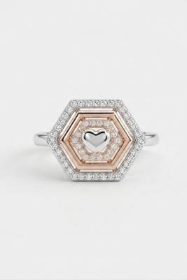 925 sterling silver cubic zirconia hexagon cz halo ring with heart 1