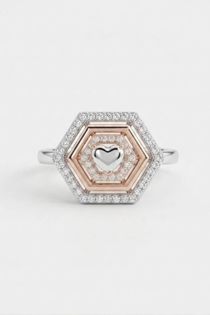925 sterling silver cubic zirconia hexagon cz halo ring with heart