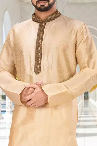 Fawn dupion art silk  kurta with handwork in collar and button line