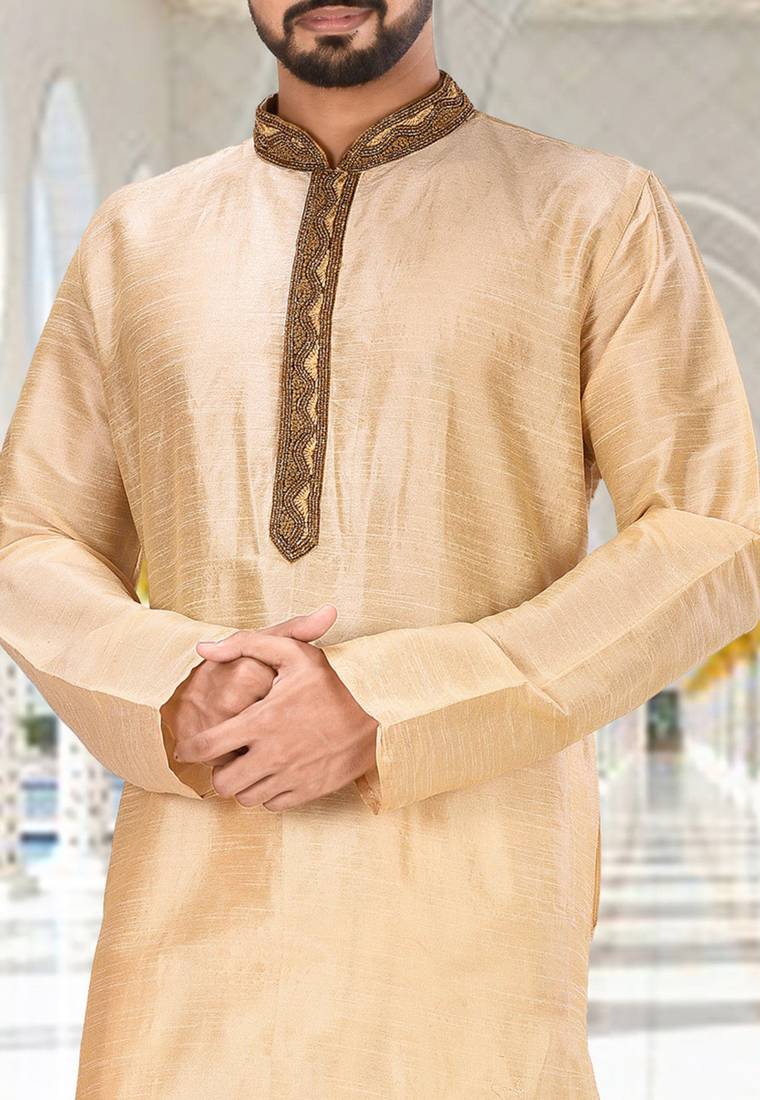Fawn dupion art silk  kurta with handwork in collar and button line