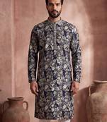 Mens blue viscose rayon floral printed kurta