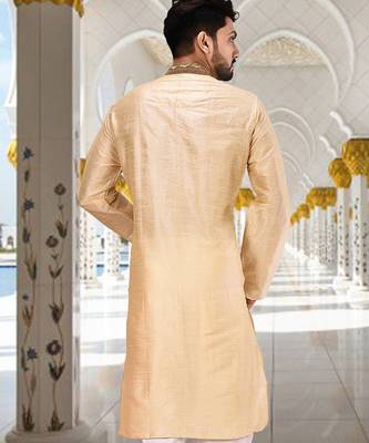 Fawn dupion art silk  kurta with handwork in collar and button line 3