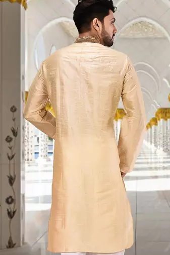 Fawn dupion art silk  kurta with handwork in collar and button line