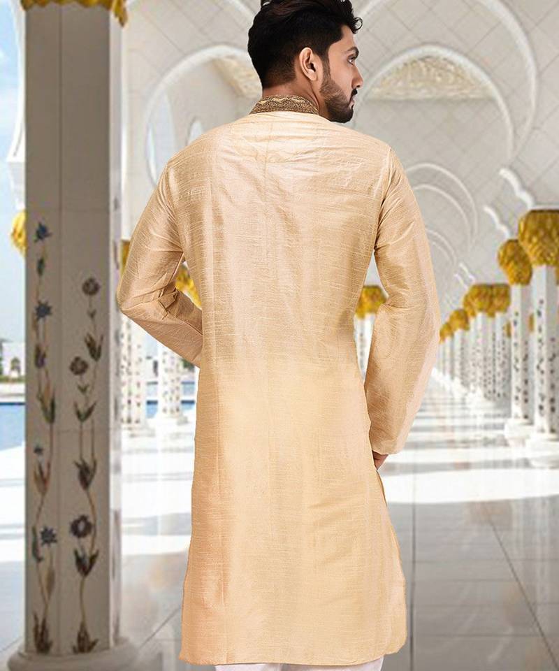 Fawn dupion art silk  kurta with handwork in collar and button line