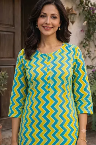 Saka Designs Aqua Blue & Light Green Printed Cotton Kurti