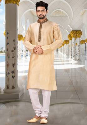 Fawn dupion art silk  kurta with handwork in collar and button line 4