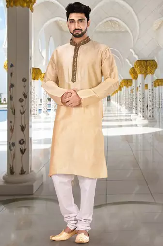 Fawn dupion art silk  kurta with handwork in collar and button line