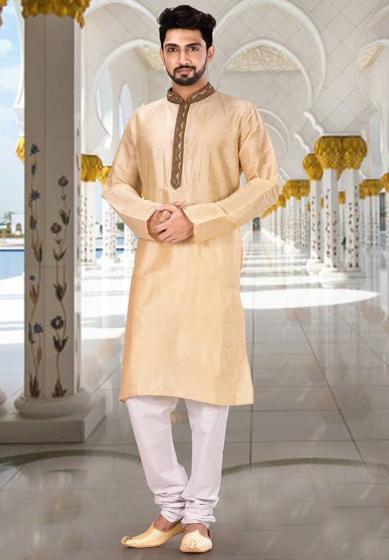 Fawn dupion art silk  kurta with handwork in collar and button line