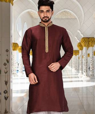Mahroon dupion art silk  kurta with handwork in collar and button line 1