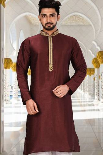 Mahroon dupion art silk  kurta with handwork in collar and button line