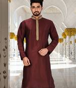 Mahroon dupion art silk  kurta with handwork in collar and button line