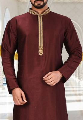 Mahroon dupion art silk  kurta with handwork in collar and button line 2