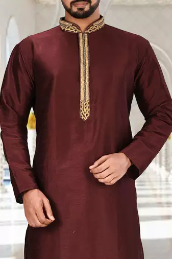 Mahroon dupion art silk  kurta with handwork in collar and button line