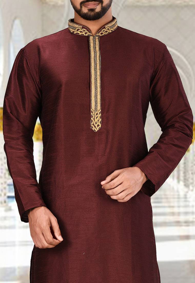 Mahroon dupion art silk  kurta with handwork in collar and button line