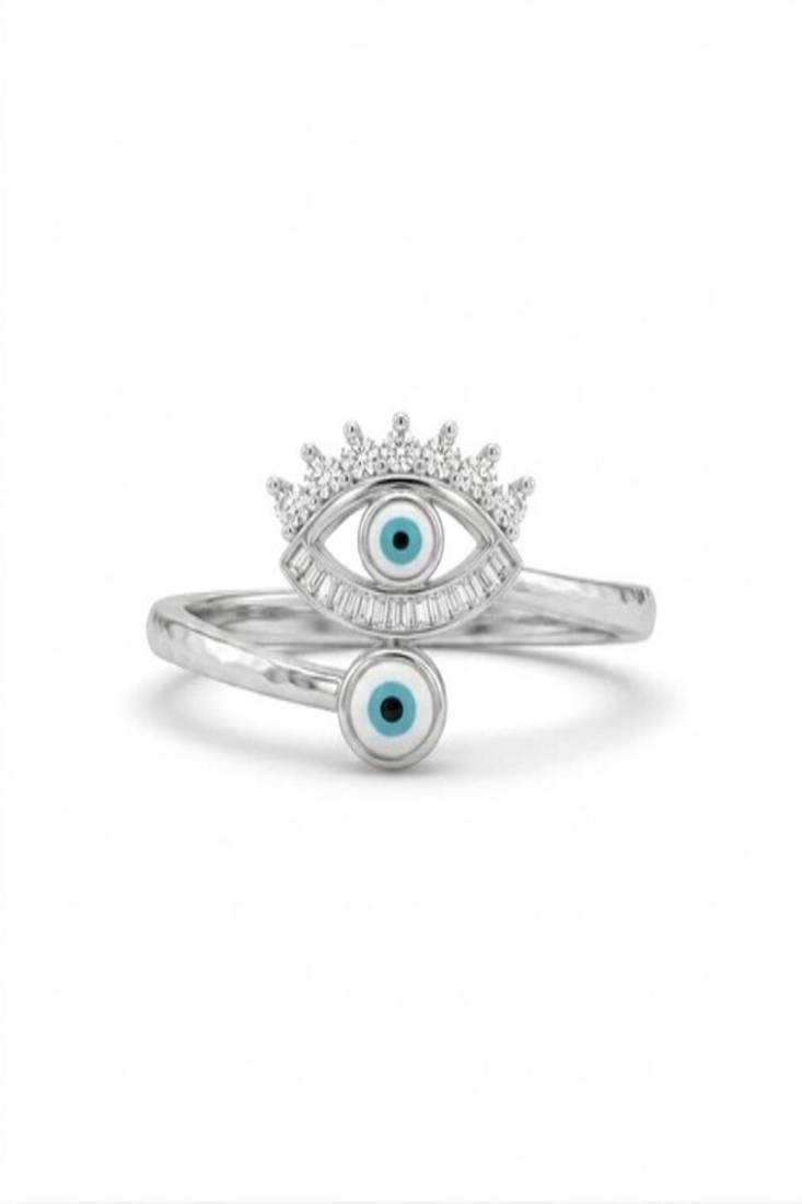 925 sterling silver cubic zirconia evil eye cz bypass ring with dual motif